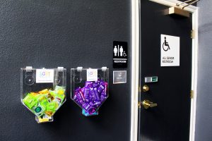 Condom dispensers, shower, and gender neutral bathrooms at the Sac LGBT Center
